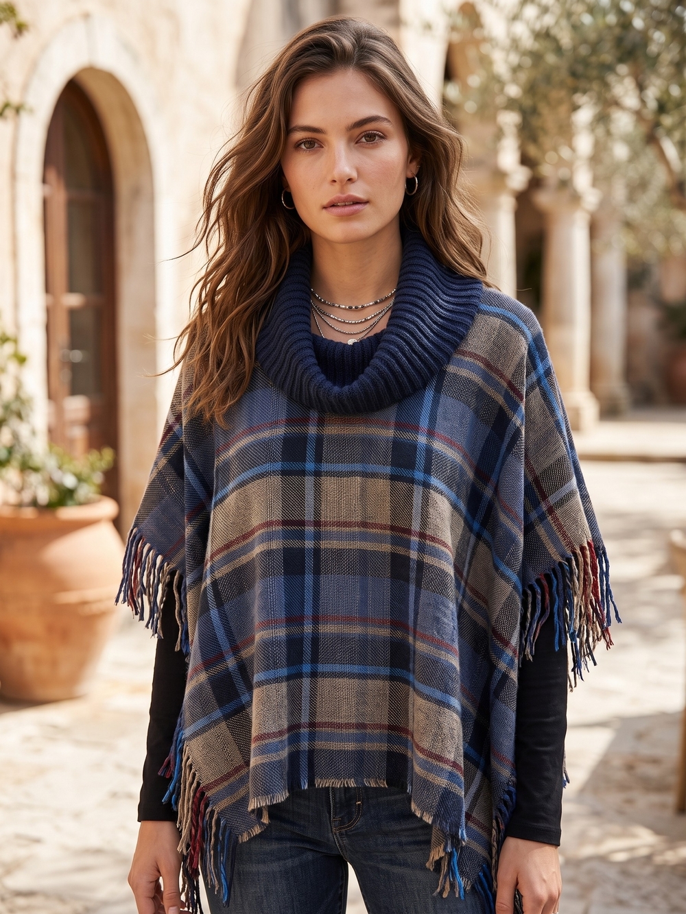 V Fraas Plaid Fringe Cowl Neck Poncho Sweater Cape Cabincore Dark Academia